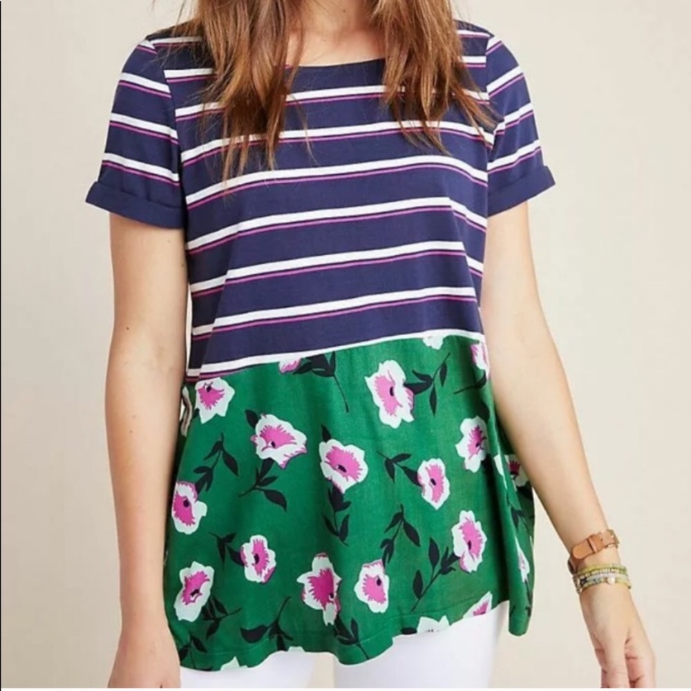 Anthropologie Navy Striped & Green Floral Short Sleeve Tee